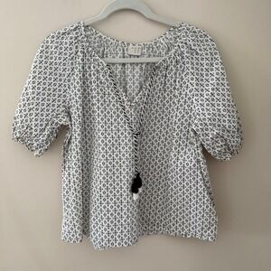 A New Day Womens Medium Black White Geometric Tassel Tie Puff Sleeve Cotton Top